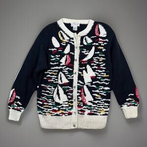Vintage 80s 90s Orvis Nautical Sweater Cardigan Cotton Ramie Sailboat Size M